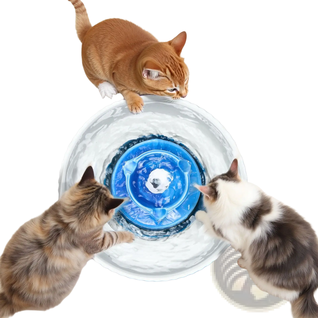 Blue and white ceramic cat water fountain 2.1l with multi-tiered design and central rotating water stream for pets