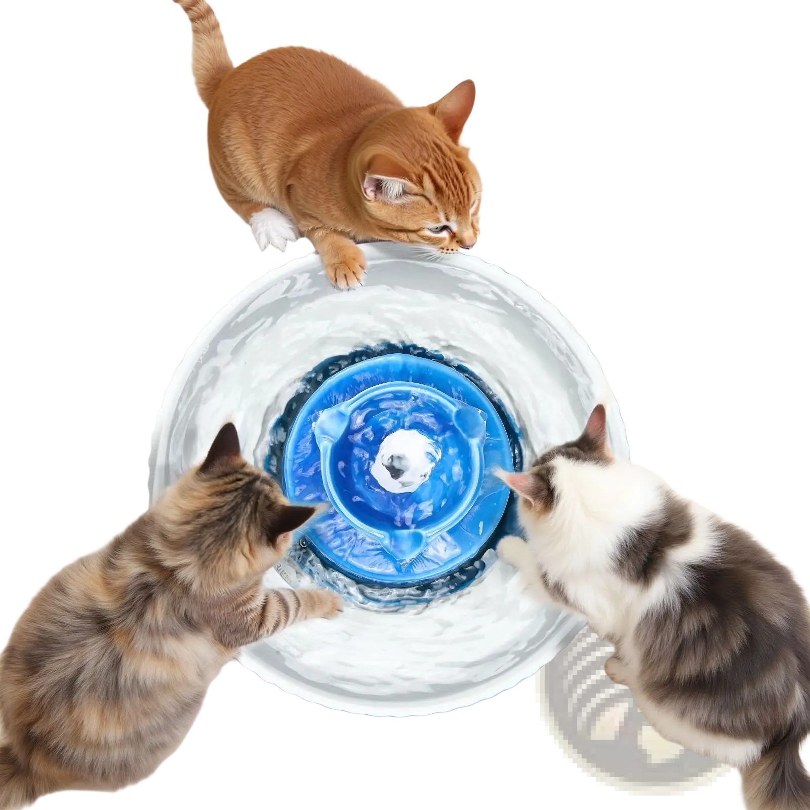 Blue and white ceramic cat water fountain 2.1l with multi-tiered design and central rotating water stream for pets
