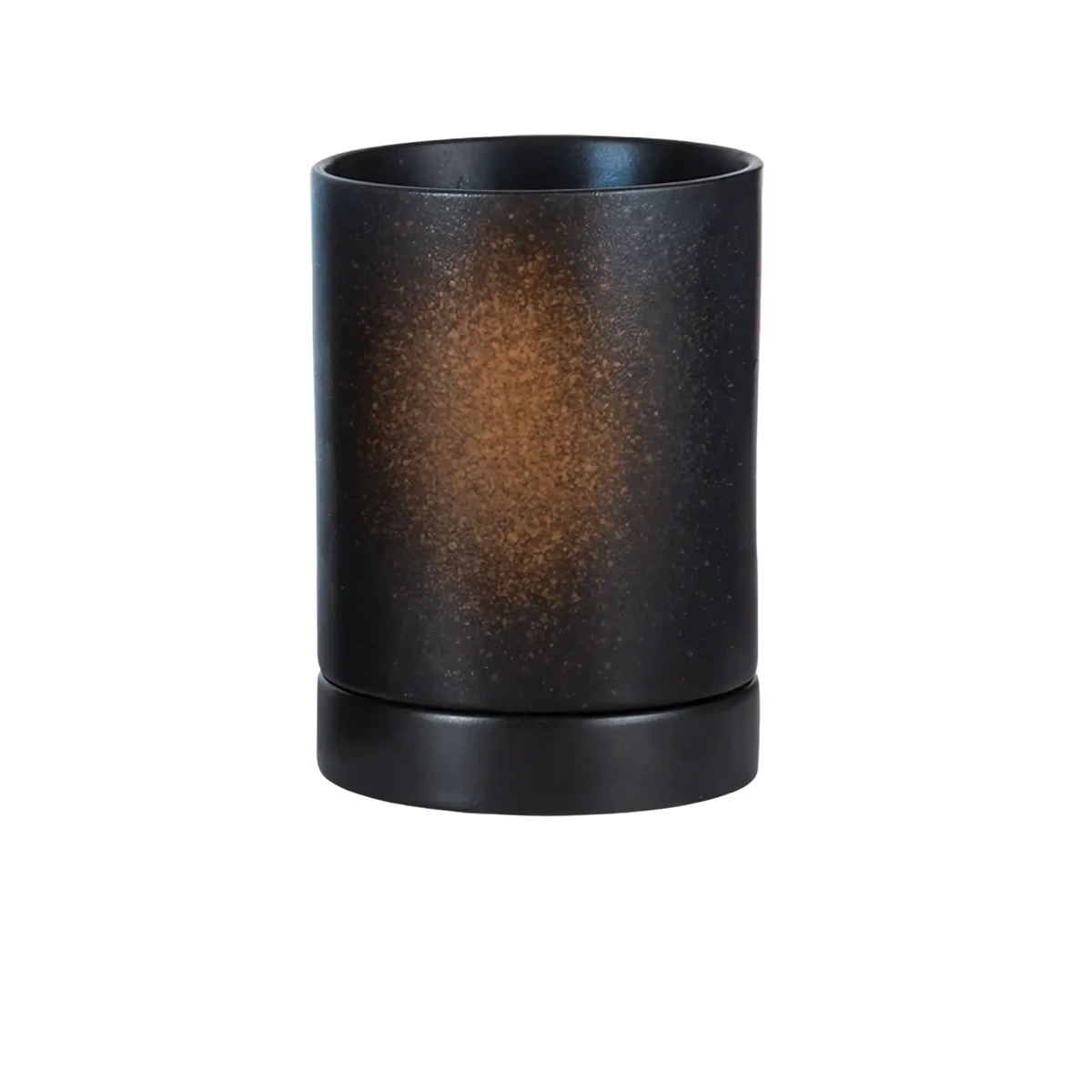Black ceramic cylindrical chopstick holder with speckled gradient finish and warm brown center for kitchen organization