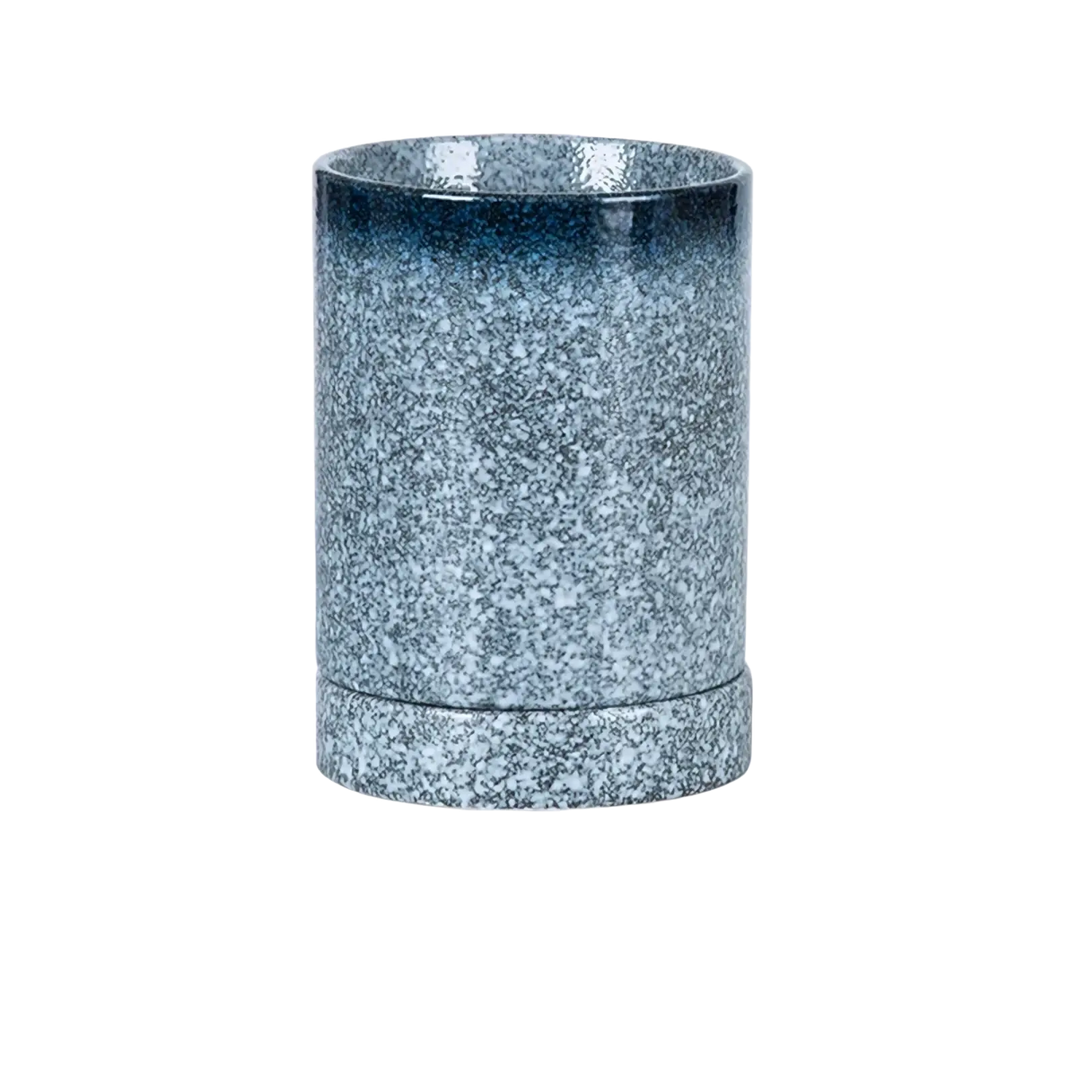 Ceramic chopstick holder kitchen organizer in cylindrical shape with speckled blue and gray gradient finish and matching base