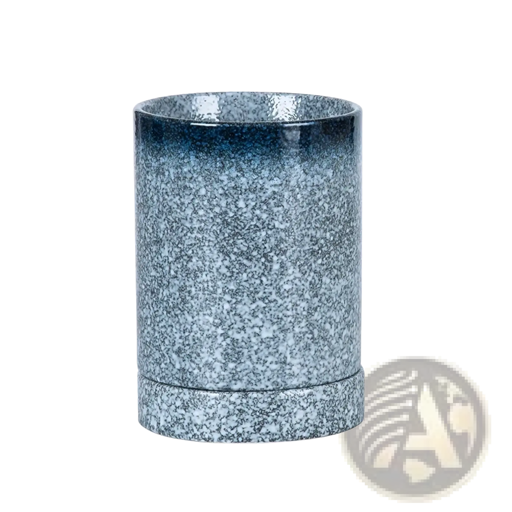 Ceramic chopstick holder storage rack with a speckled gray and blue gradient finish and matching saucer base