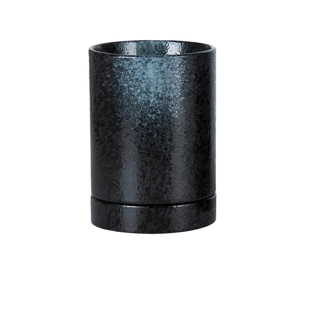 Glossy black ceramic cylindrical chopstick holder with speckled texture and wider base for kitchen organization