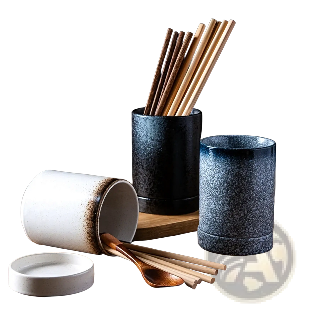 Set of three ceramic chopstick holder storage racks with speckled glaze in black blue gray and off white for kitchen use