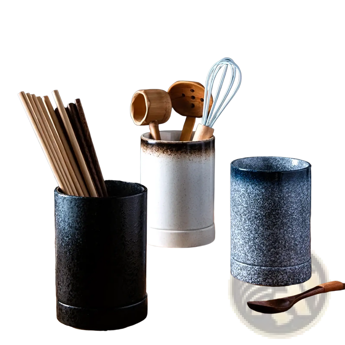 Three ceramic chopstick holder storage racks with speckled glazes in black white-blue gradient and blue-gray tones