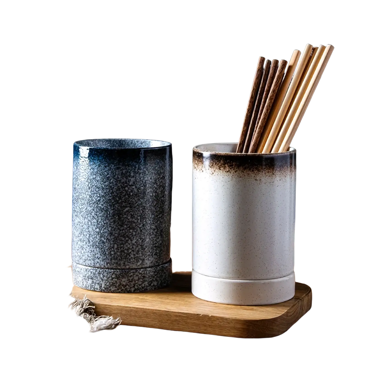 Two ceramic chopstick holder storage racks in speckled blue gray and white with brown speckles for kitchen organization