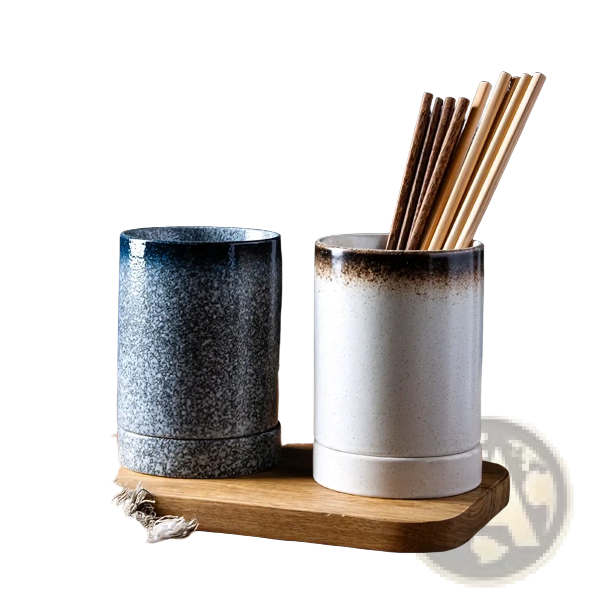 Two ceramic chopstick holder storage racks in speckled blue gray and white with brown speckles for kitchen organization