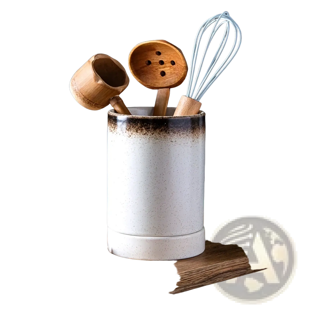 Ceramic chopstick holder kitchen organizer white speckled ceramic utensil holder with dark brown rim