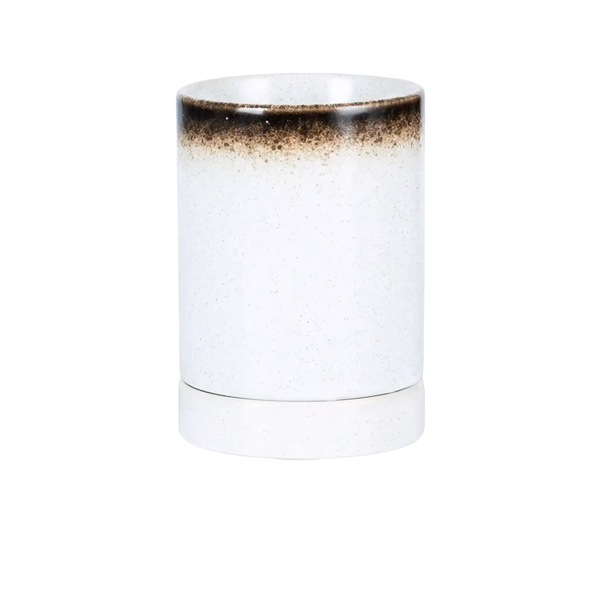 A white ceramic cylindrical chopstick holder with speckled texture and dark brown gradient rim for kitchen storage