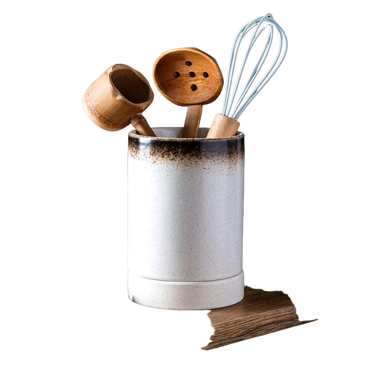 Ceramic chopstick holder kitchen organizer white speckled ceramic utensil holder with dark brown rim