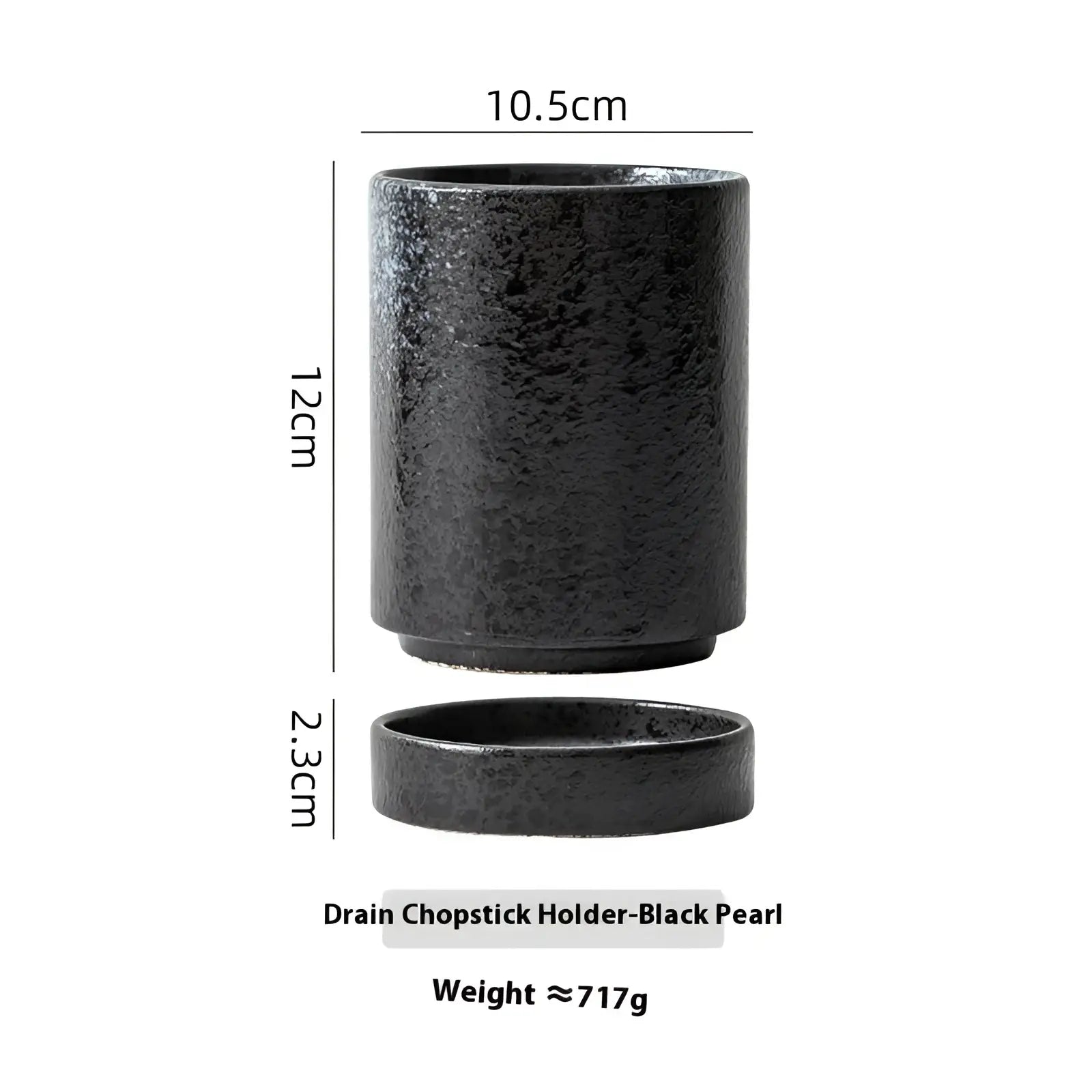 Black ceramic chopsticks holder with speckled textured surface and matching circular base for Japanese style storage