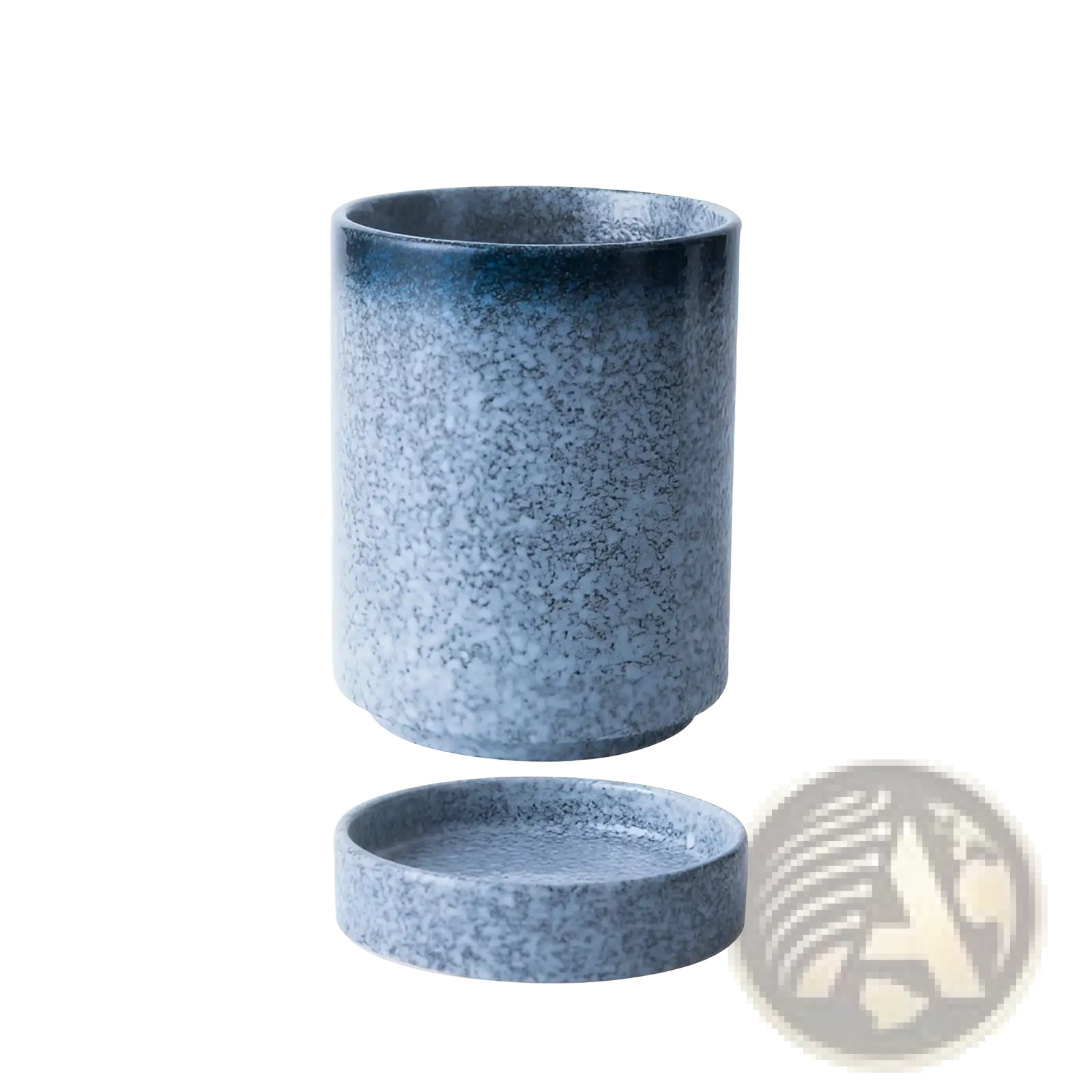 Blue speckled ceramic chopsticks holder with matching circular base for Japanese style storage and draining