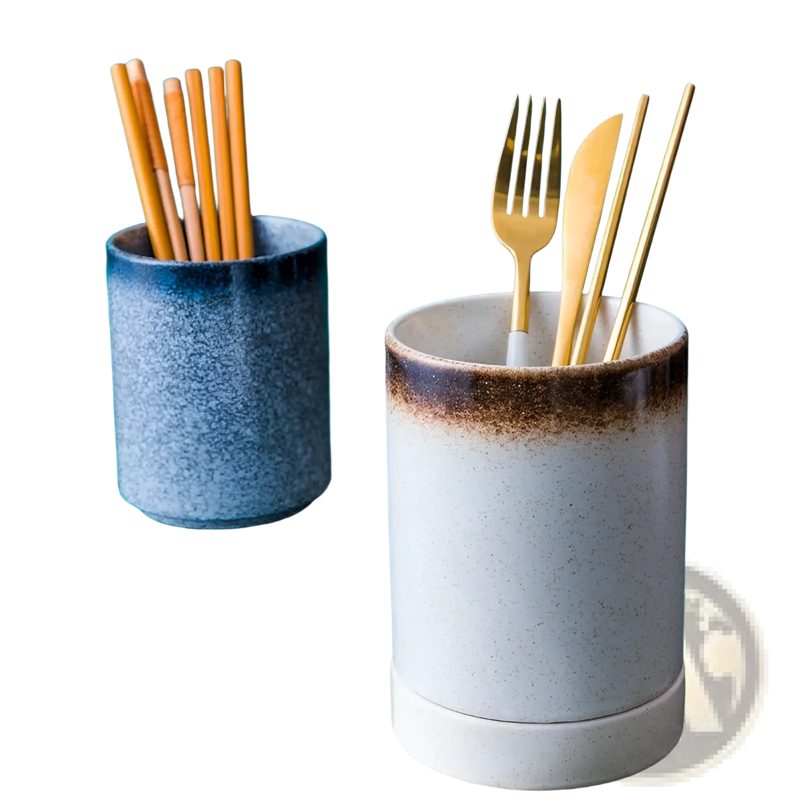 White ceramic chopsticks holder with brown speckled rim and base holding gold cutlery for Japanese style storage
