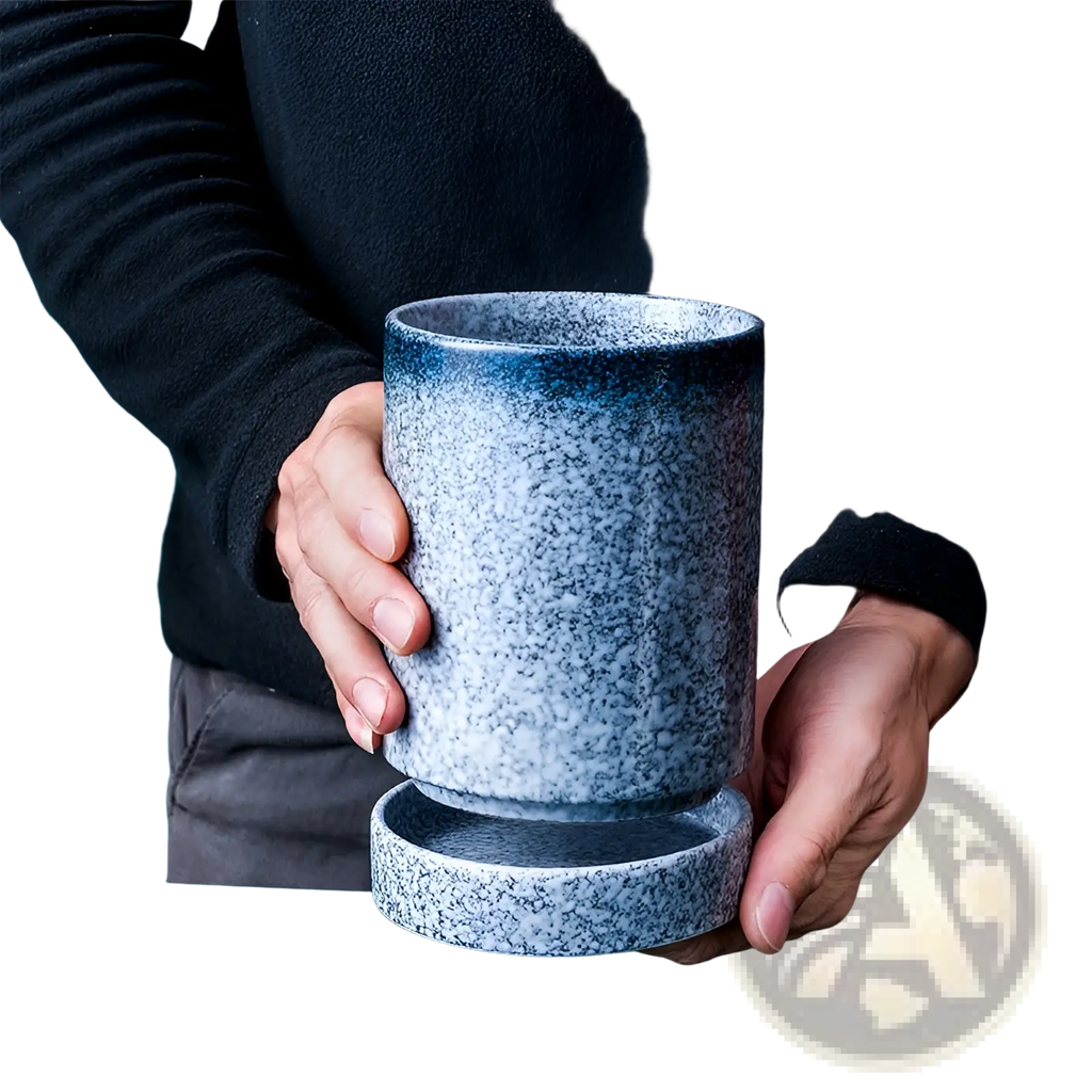 Ceramic chopsticks holder in speckled blue with textured glaze and matching saucer for japanese style storage