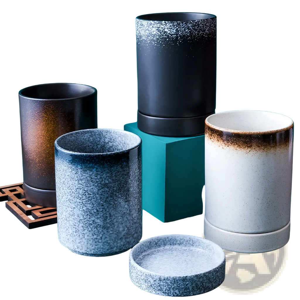 Ceramic chopsticks holder Japanese style storage box with matte ceramic planters in speckled black blue gray white and brown tones