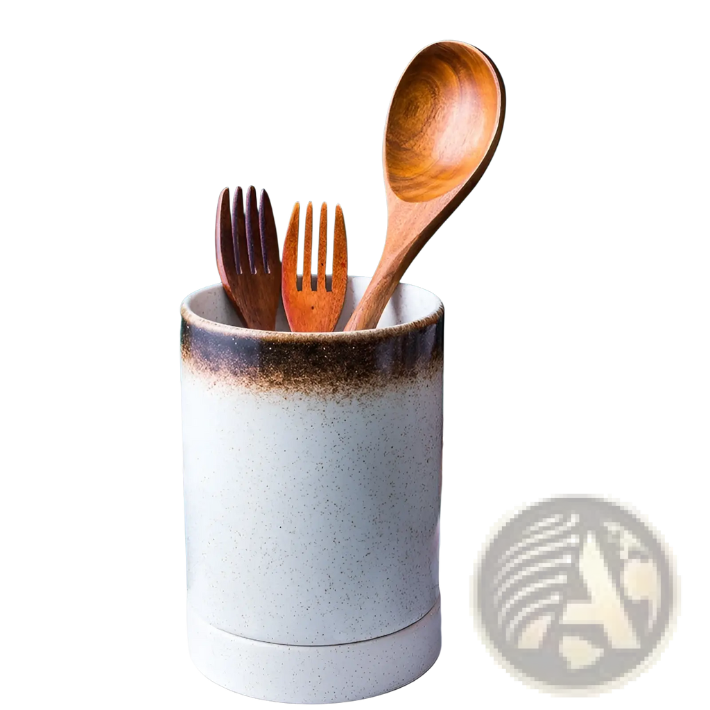 Ceramic chopsticks holder Japanese style storage box speckled white ceramic with brown glazed rim holding wooden utensils