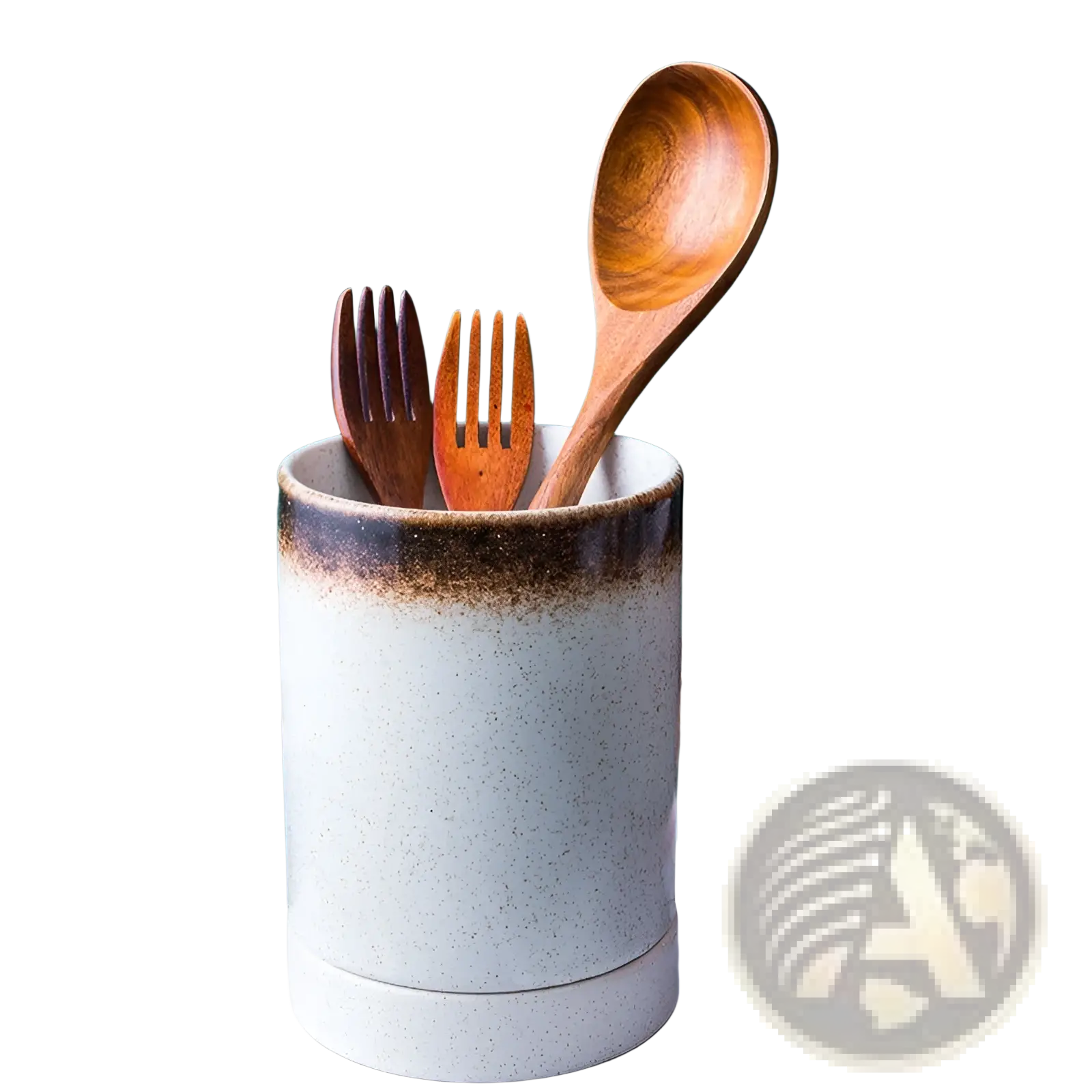 Ceramic chopsticks holder Japanese style storage box speckled white ceramic with brown glazed rim holding wooden utensils