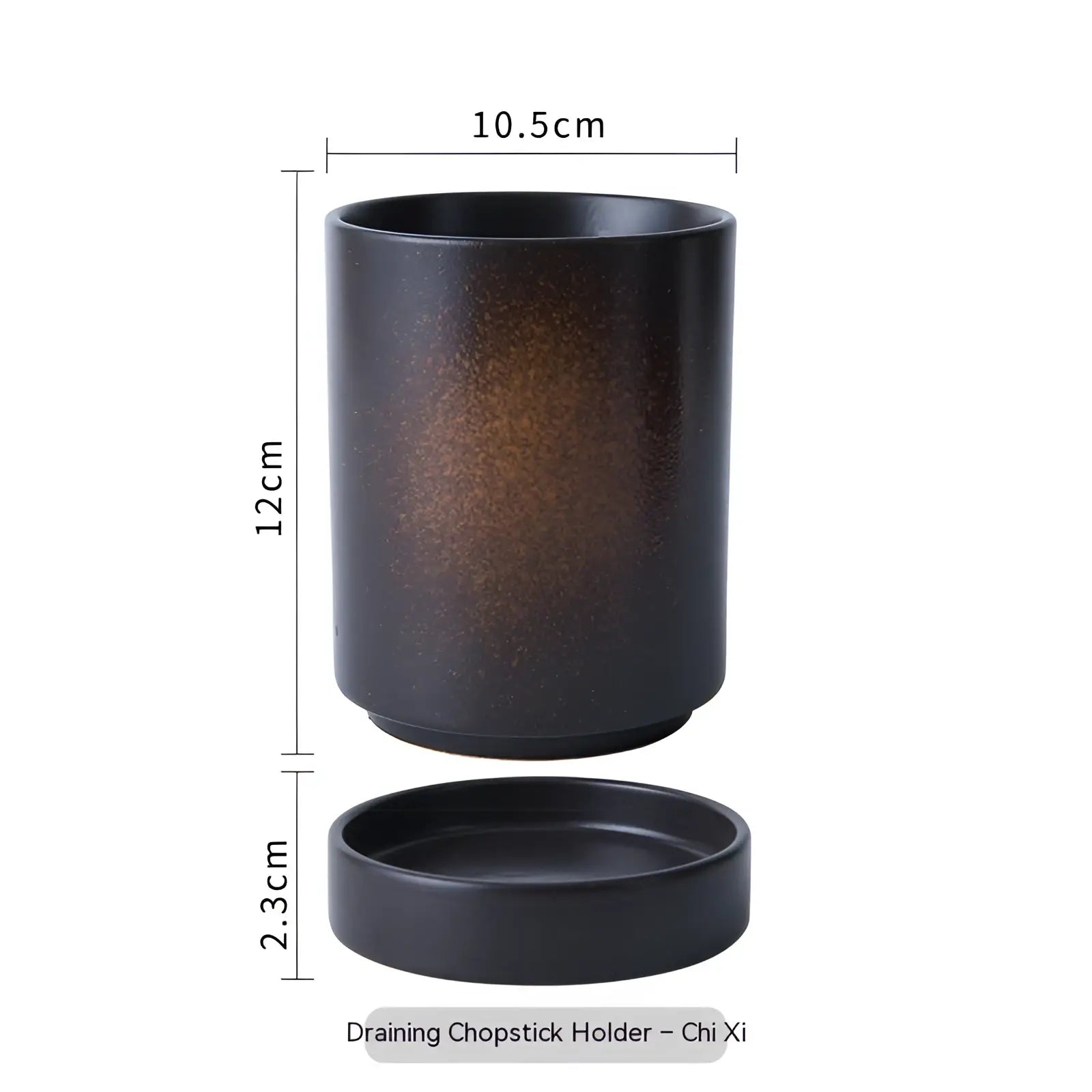 Black ceramic Japanese style chopstick holder with subtle brown gradient finish and matching circular base for storage