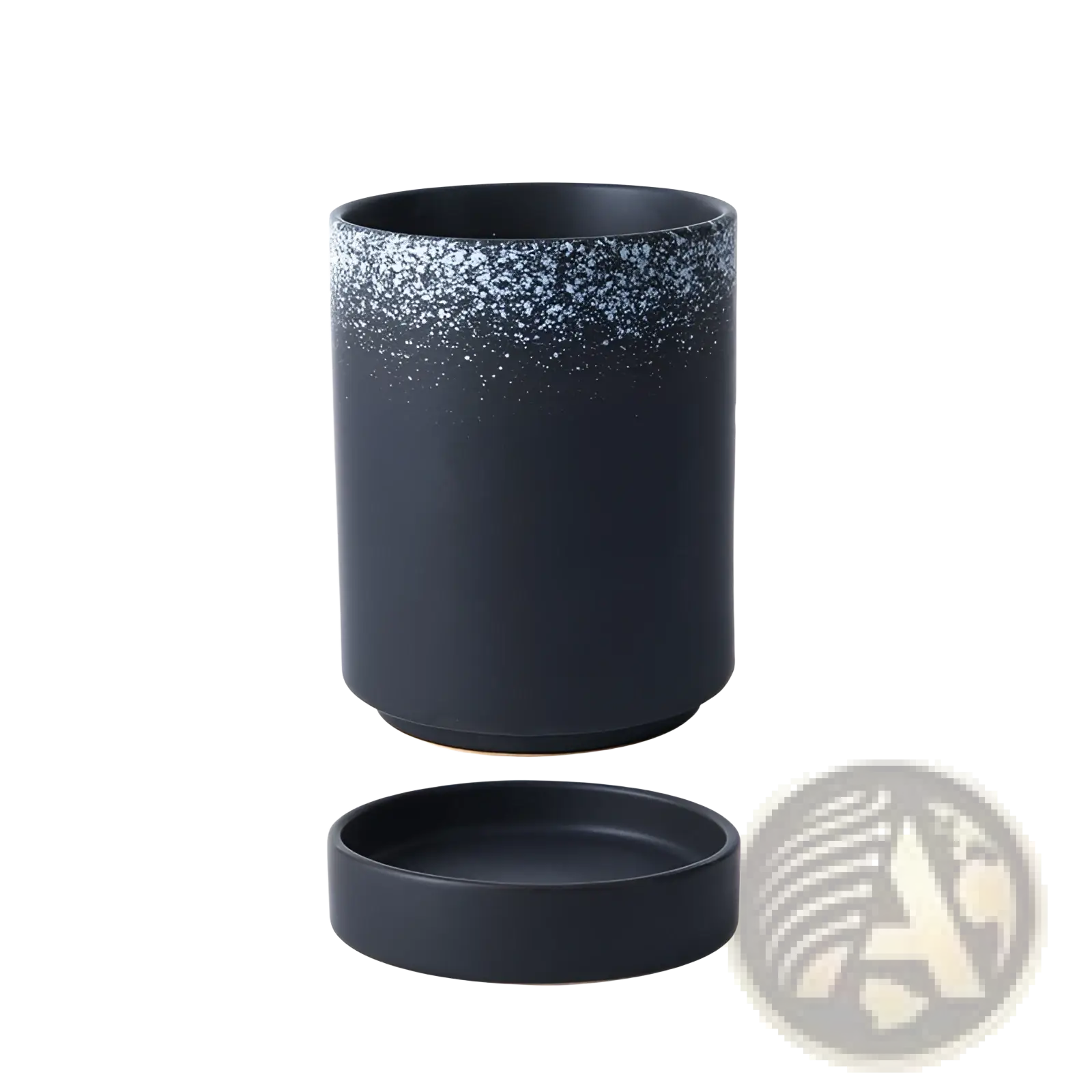 Black ceramic chopsticks holder with speckled white rim and matching base for Japanese style storage and draining