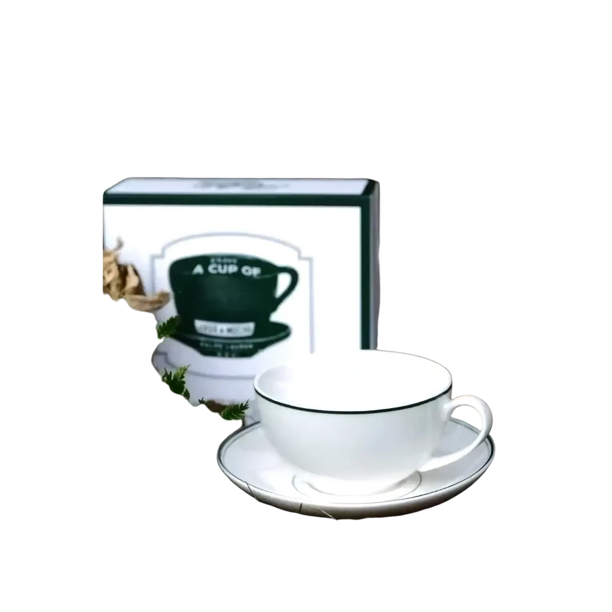 White ceramic coffee cup and saucer set with a thin black rim designed in a vintage green style