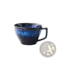 Ceramic coffee mug and saucer set in deep blue glaze with a glossy gradient finish and sturdy handle