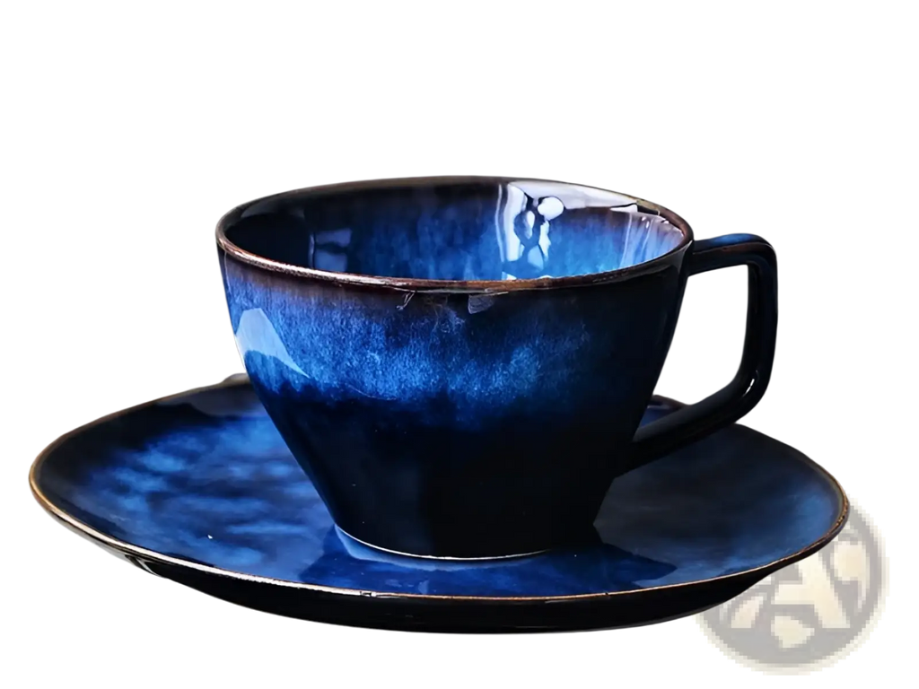 A deep blue ceramic coffee mug and saucer set with a glossy gradient glaze for elegant serving