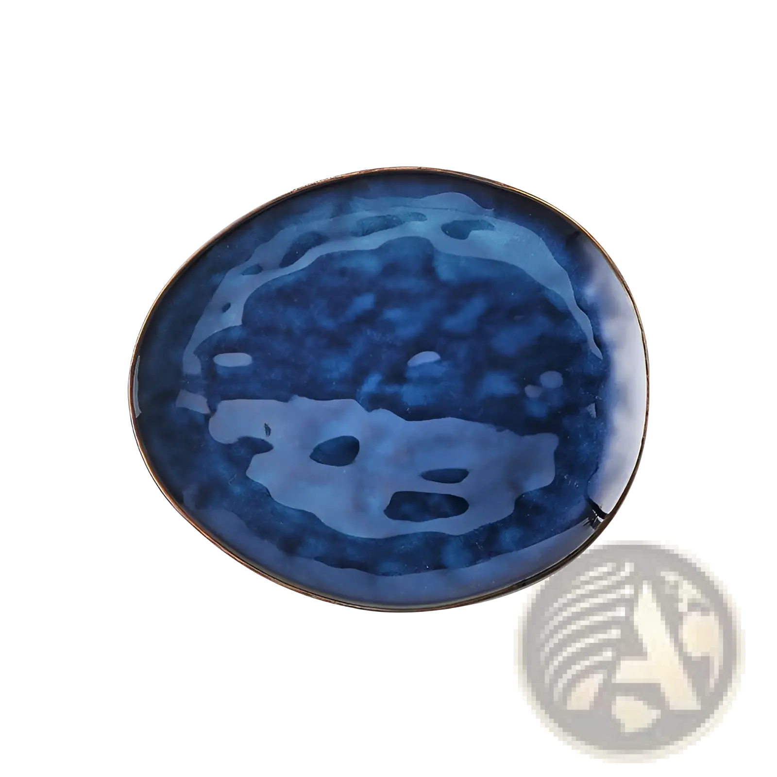 A round ceramic plate with deep blue glossy glaze, swirling patterns, and a subtle metallic rim for coffee mugs