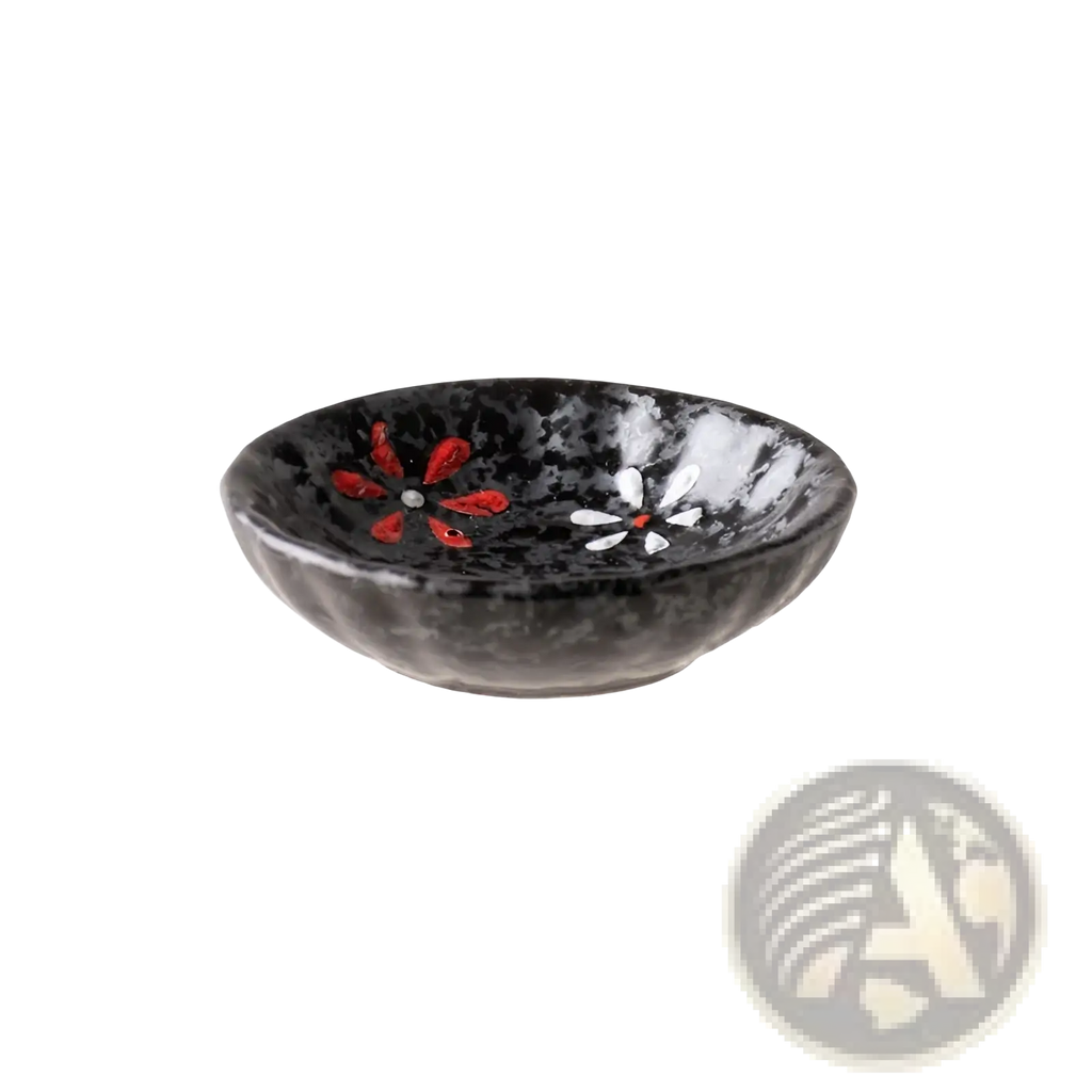 Black stone ceramic condiment bowl with hand painted red and white floral designs for snacks or condiments