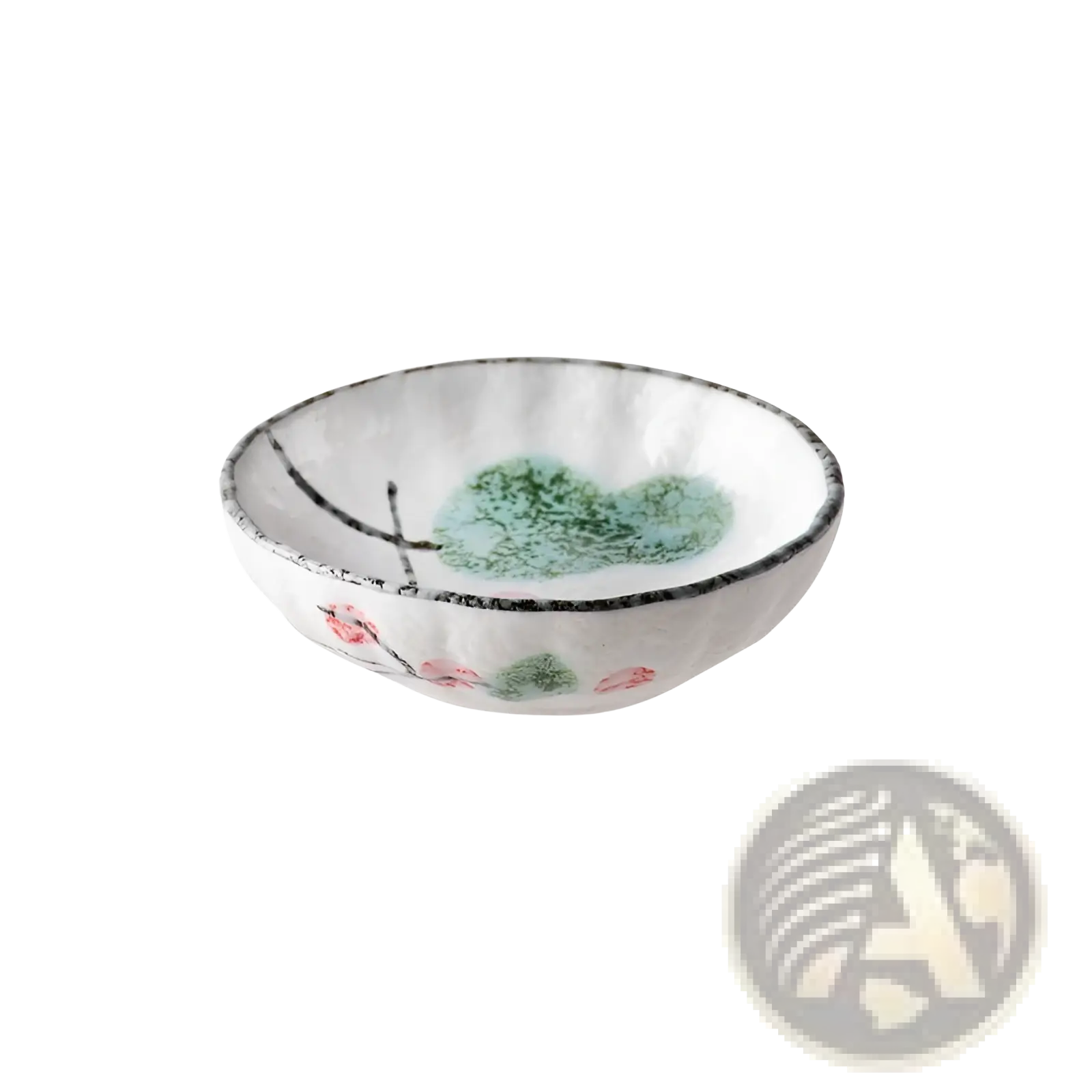 Ceramic condiment bowl white with hand-painted green feather pink blossoms and black rim for snacks