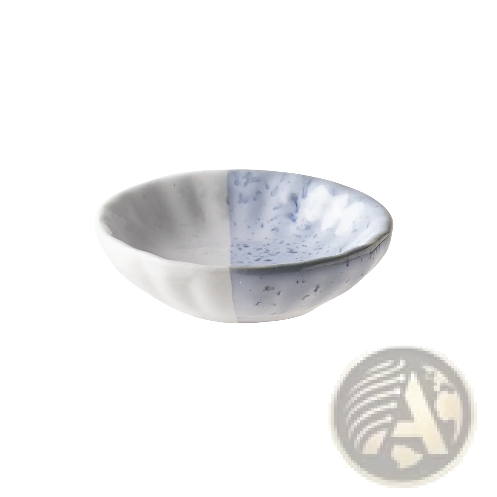 A 3-inch ceramic condiment bowl with a split design in smooth white and speckled blue-gray glaze for snacks