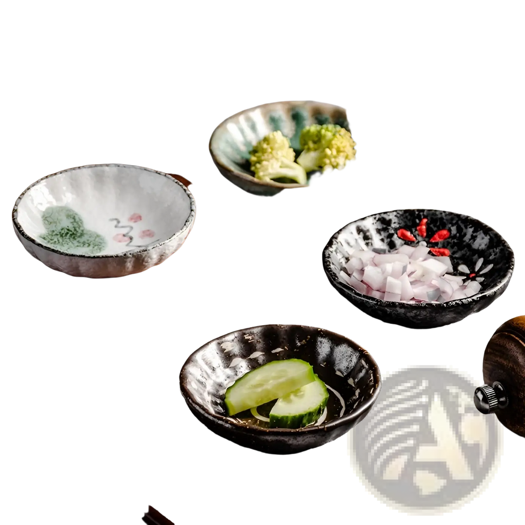 Handcrafted ceramic condiment bowls in earthy tones with subtle hand-painted designs and rustic textured finish