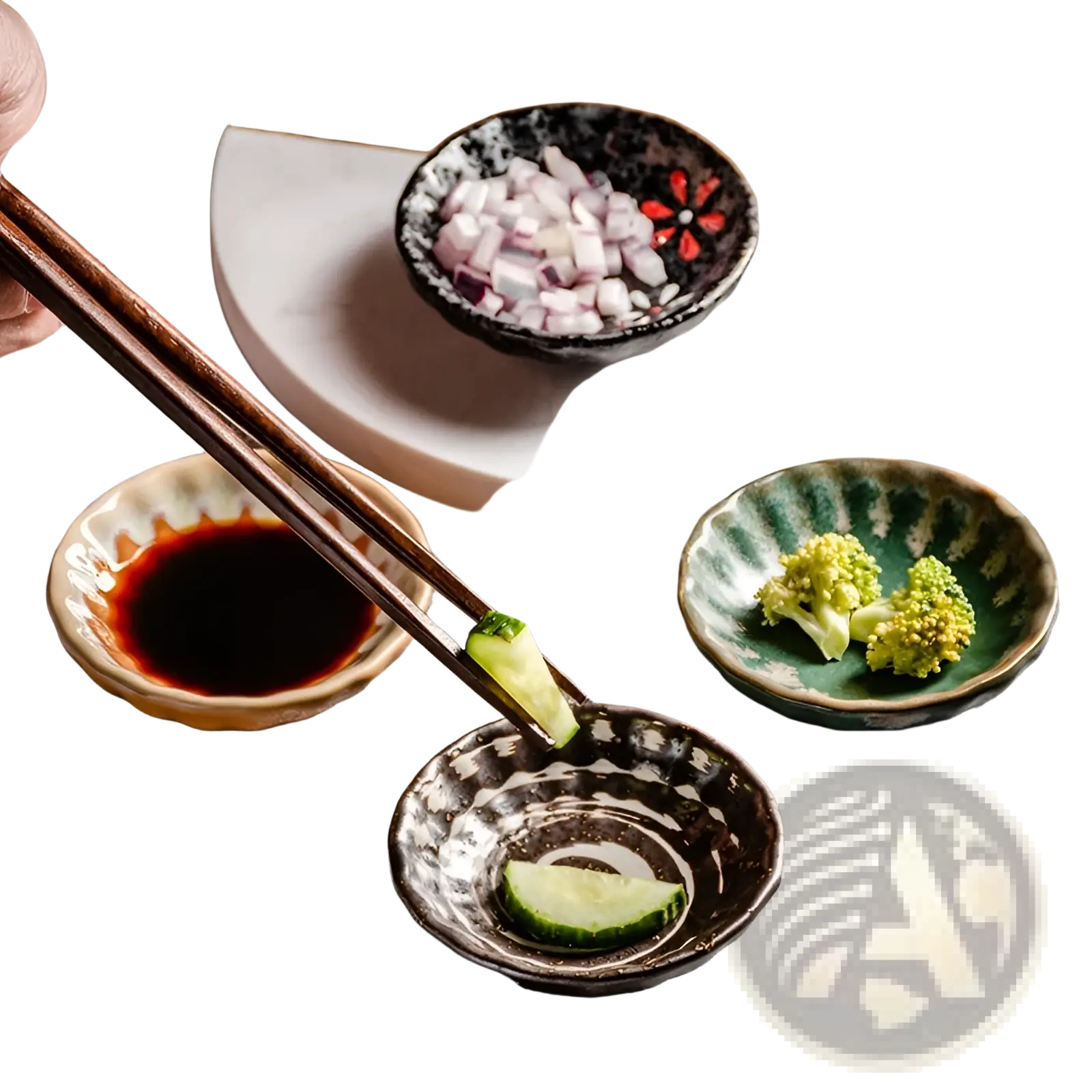Dark ceramic condiment bowl with white speckles and red floral design holding chopped purple onions for snacks