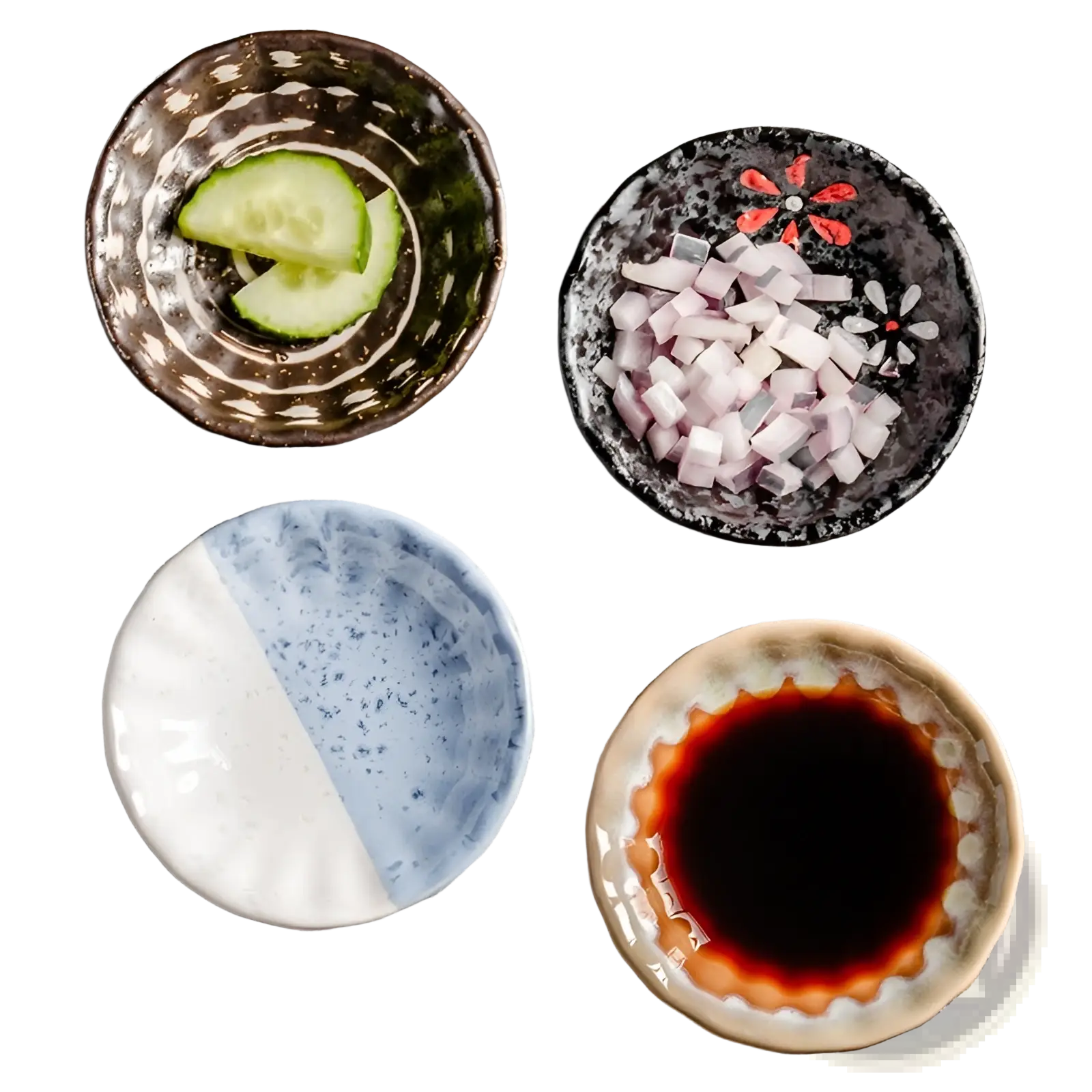 Four ceramic condiment bowls with unique hand painted earthy tone designs for serving snacks and condiments