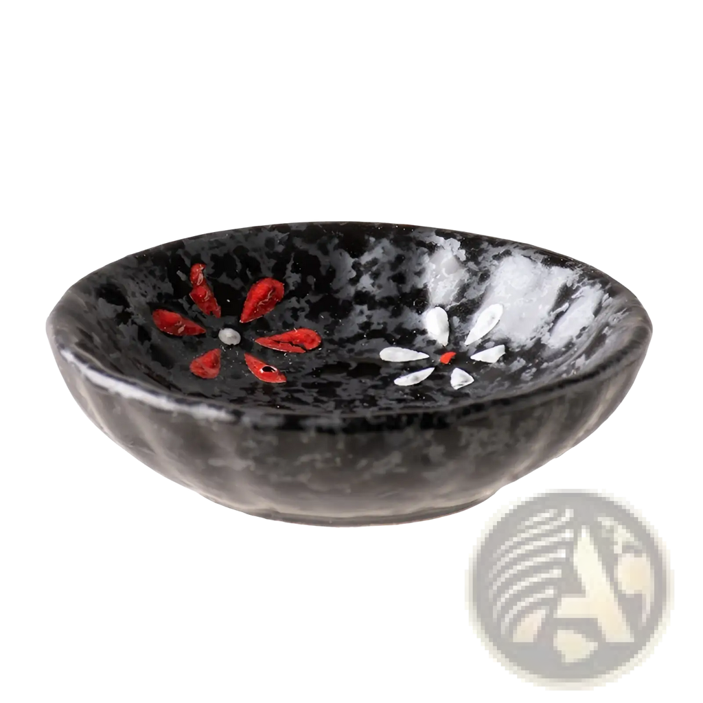 Black ceramic condiment bowl with speckled glaze and hand painted red and white flowers for snack dishes
