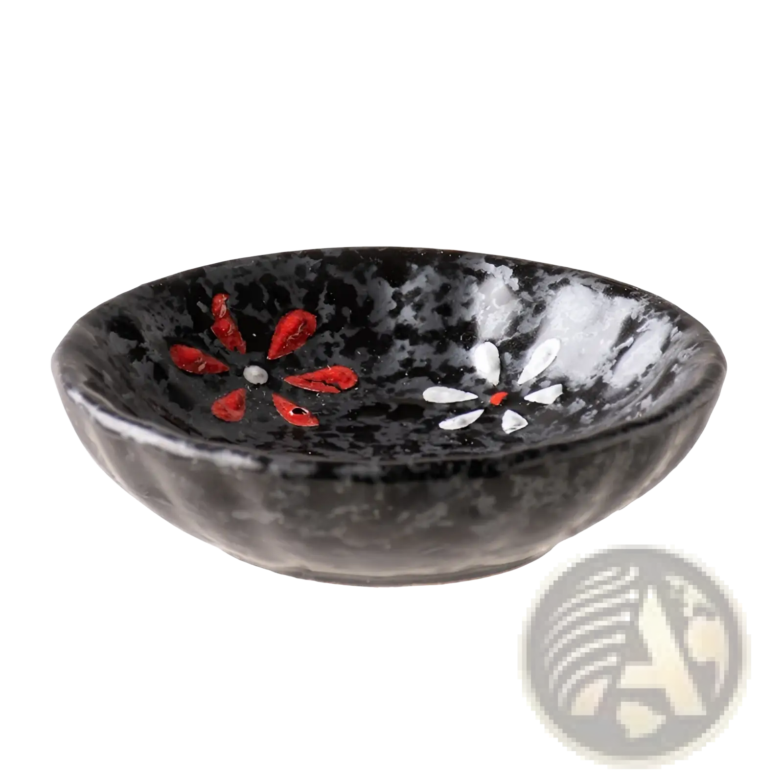 Black ceramic condiment bowl with speckled glaze and hand painted red and white flowers for snack dishes