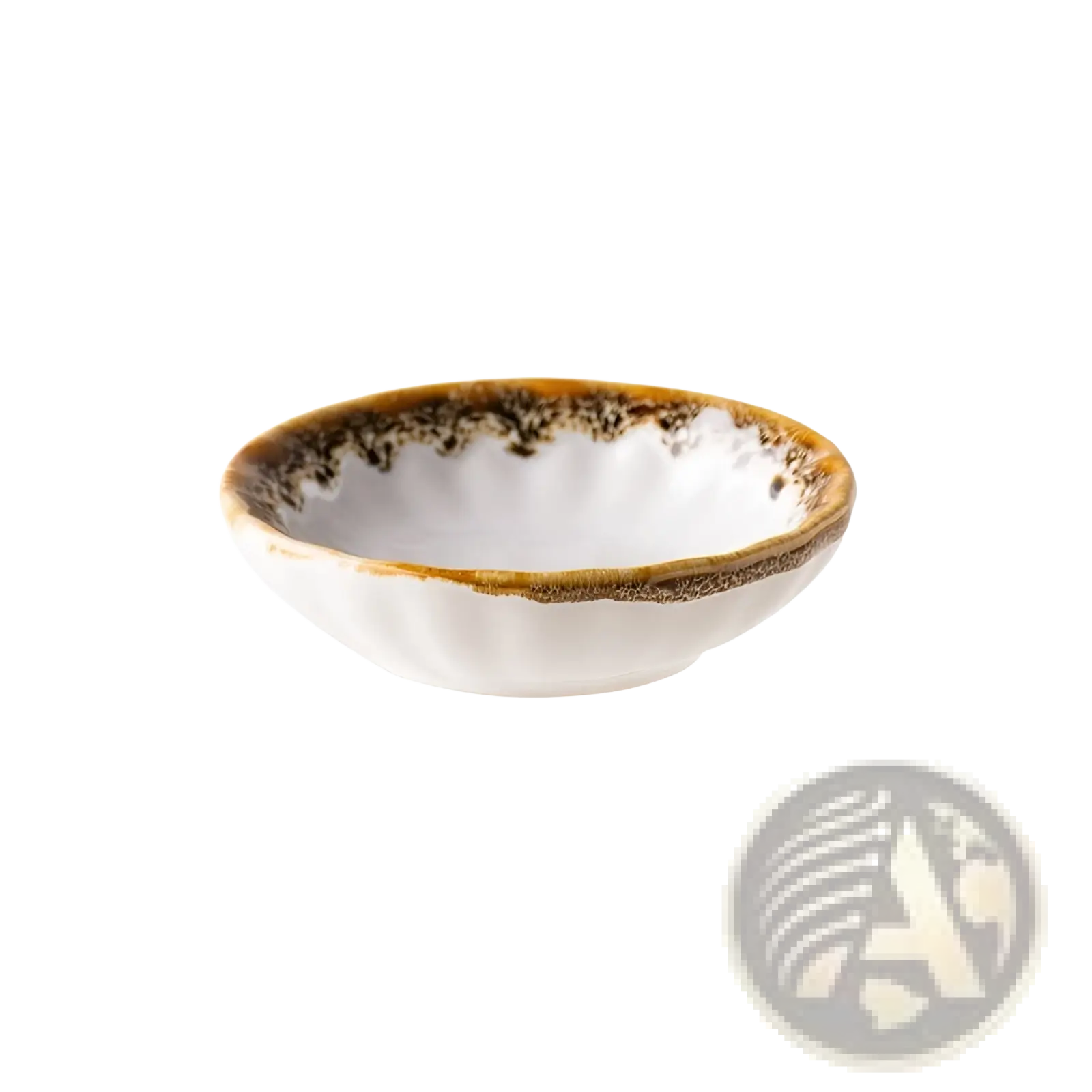 A small white ceramic condiment bowl with a brown speckled rim and fluted edges hand painted for snacks