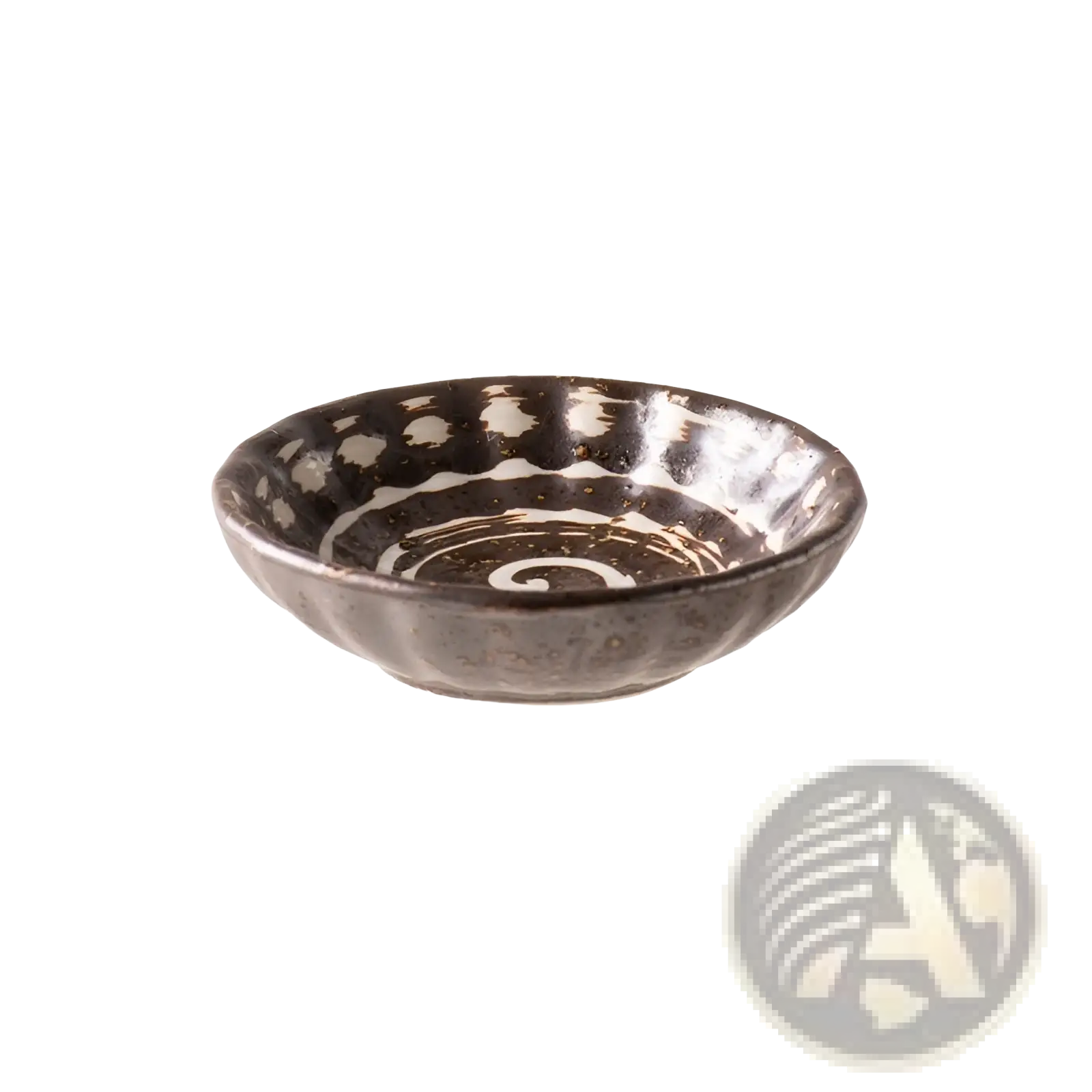 A dark brown ceramic condiment bowl with glossy speckled glaze and subtle concentric swirls hand painted