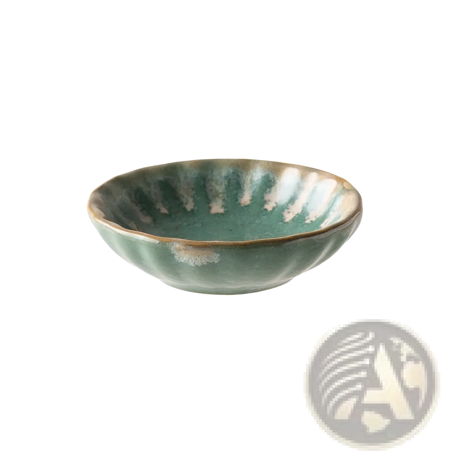 A small handcrafted ceramic condiment bowl with mottled green glaze fluted rim for serving snacks