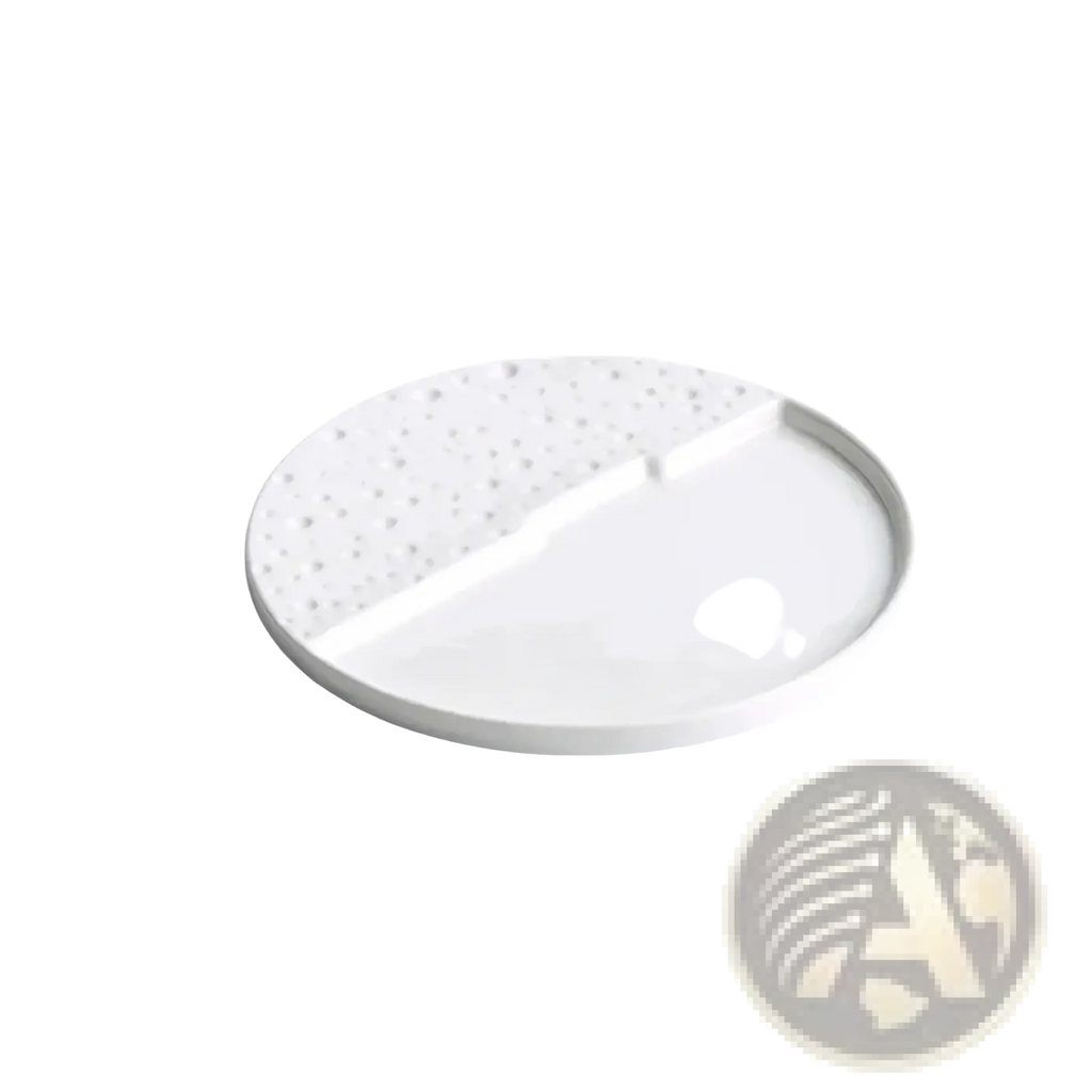 White ceramic half-round decorative plate with speckled texture and glossy finish for textured dinnerware tray use