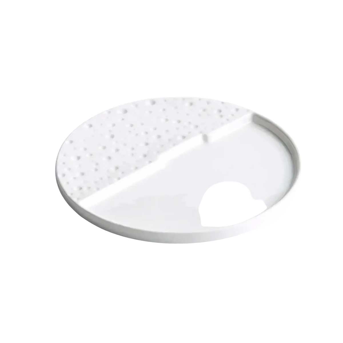 A white ceramic decorative plate with a textured dotted surface and smooth finish half-round 10-inch tray