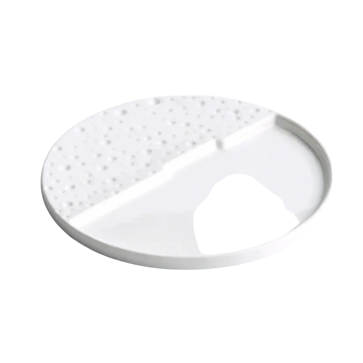 A white ceramic decorative 12-inch half-round serving plate with a speckled textured surface and smooth rim