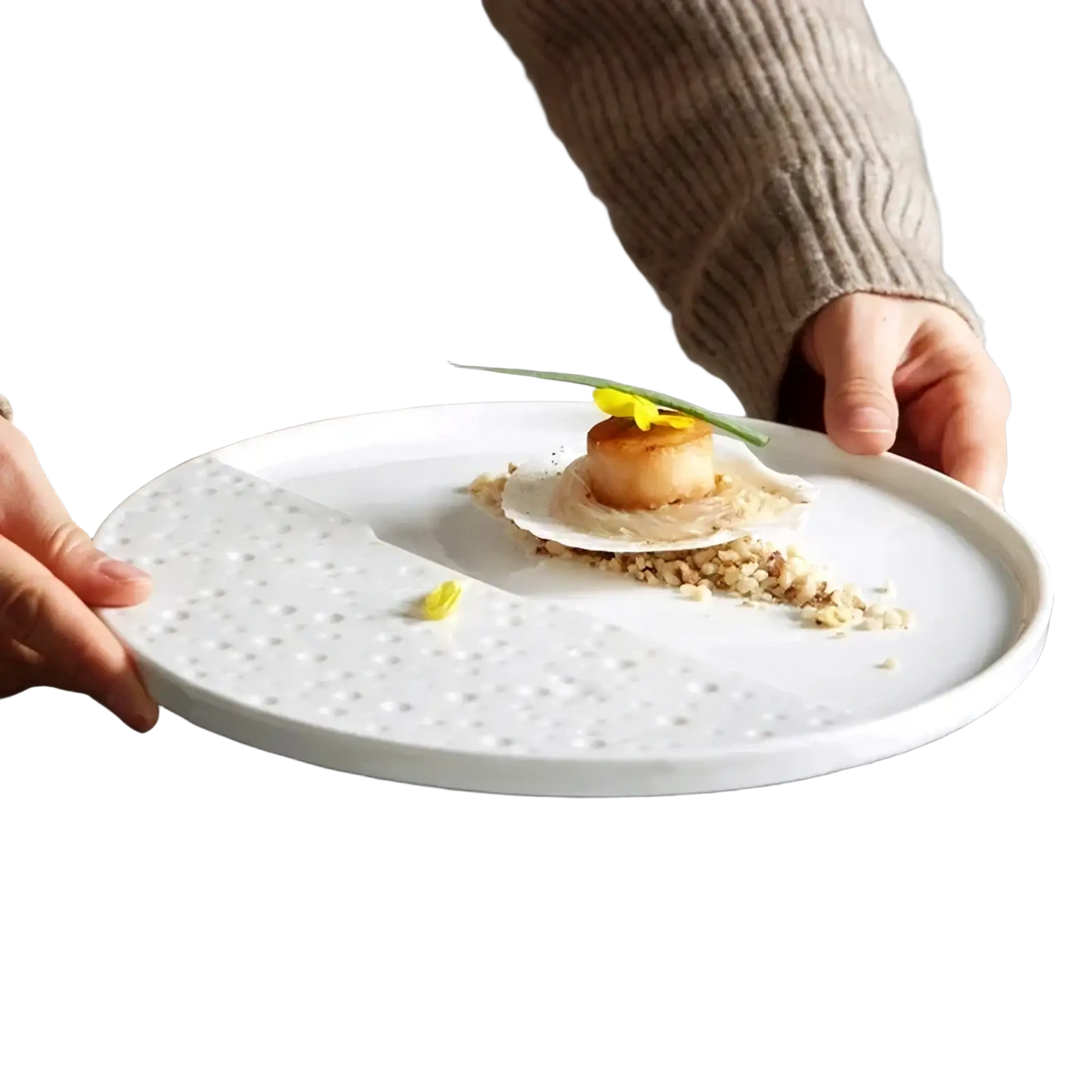 White ceramic decorative plate featuring a textured dotted pattern on one half and a smooth surface on the other