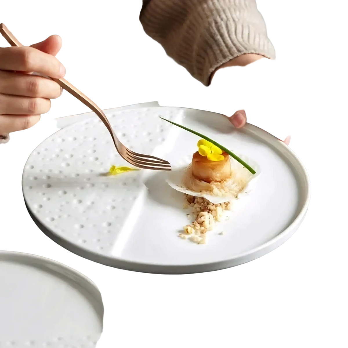 White ceramic decorative plate with textured dotted surface and subtle geometric division for dinnerware use