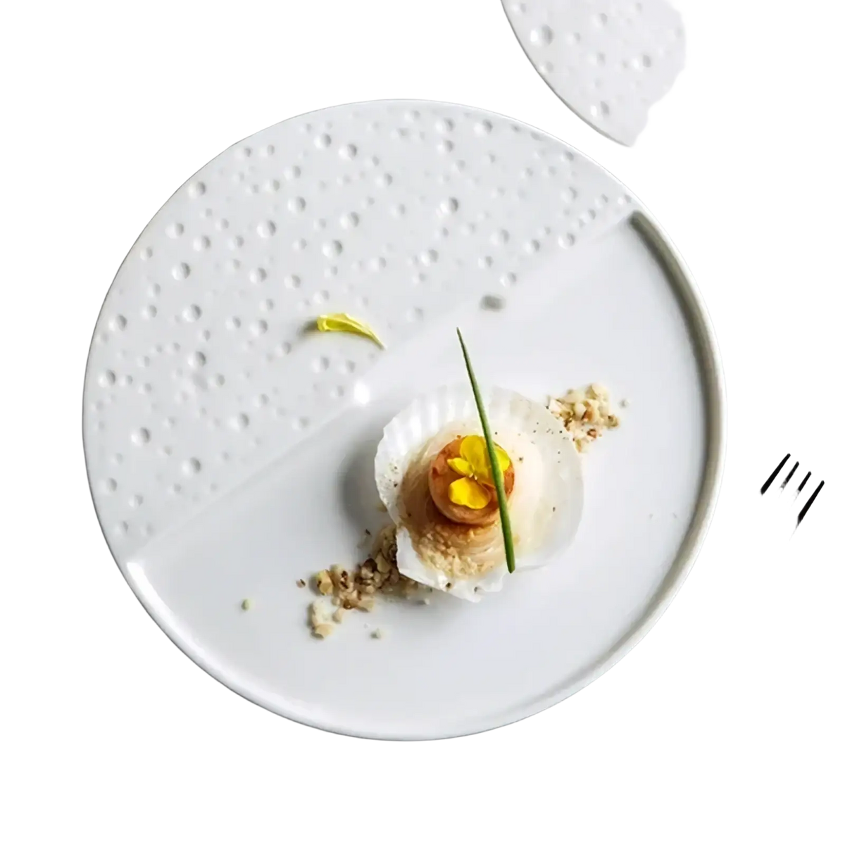 White ceramic decorative plate with a textured dotted surface and smooth glossy finish for dinnerware or tray use