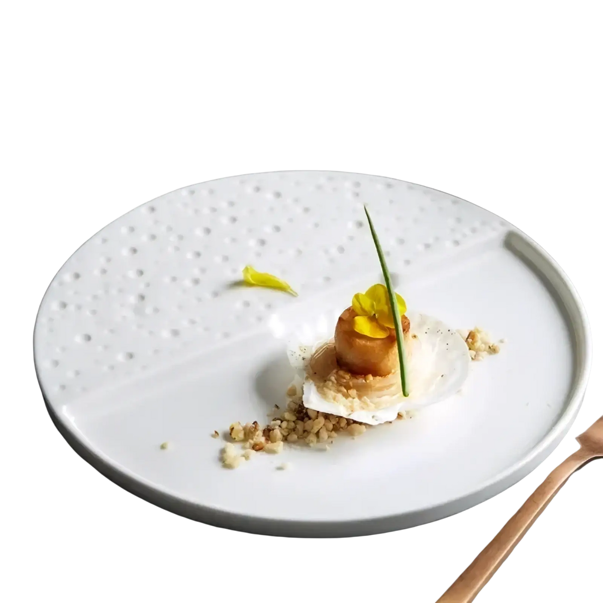 White ceramic decorative plate with textured dotted surface and sleek modern design for dinnerware tray use