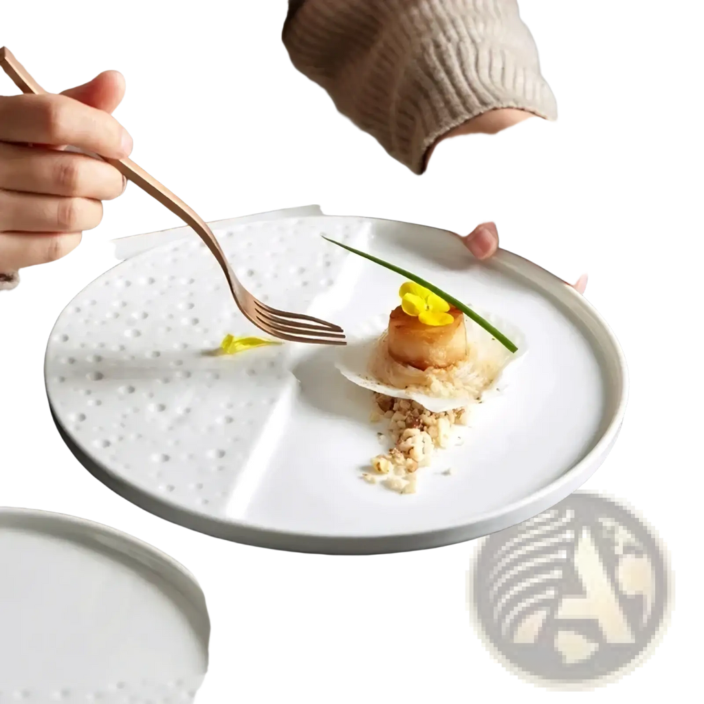 White ceramic decorative plate with textured dotted surface and subtle geometric division for dinnerware use