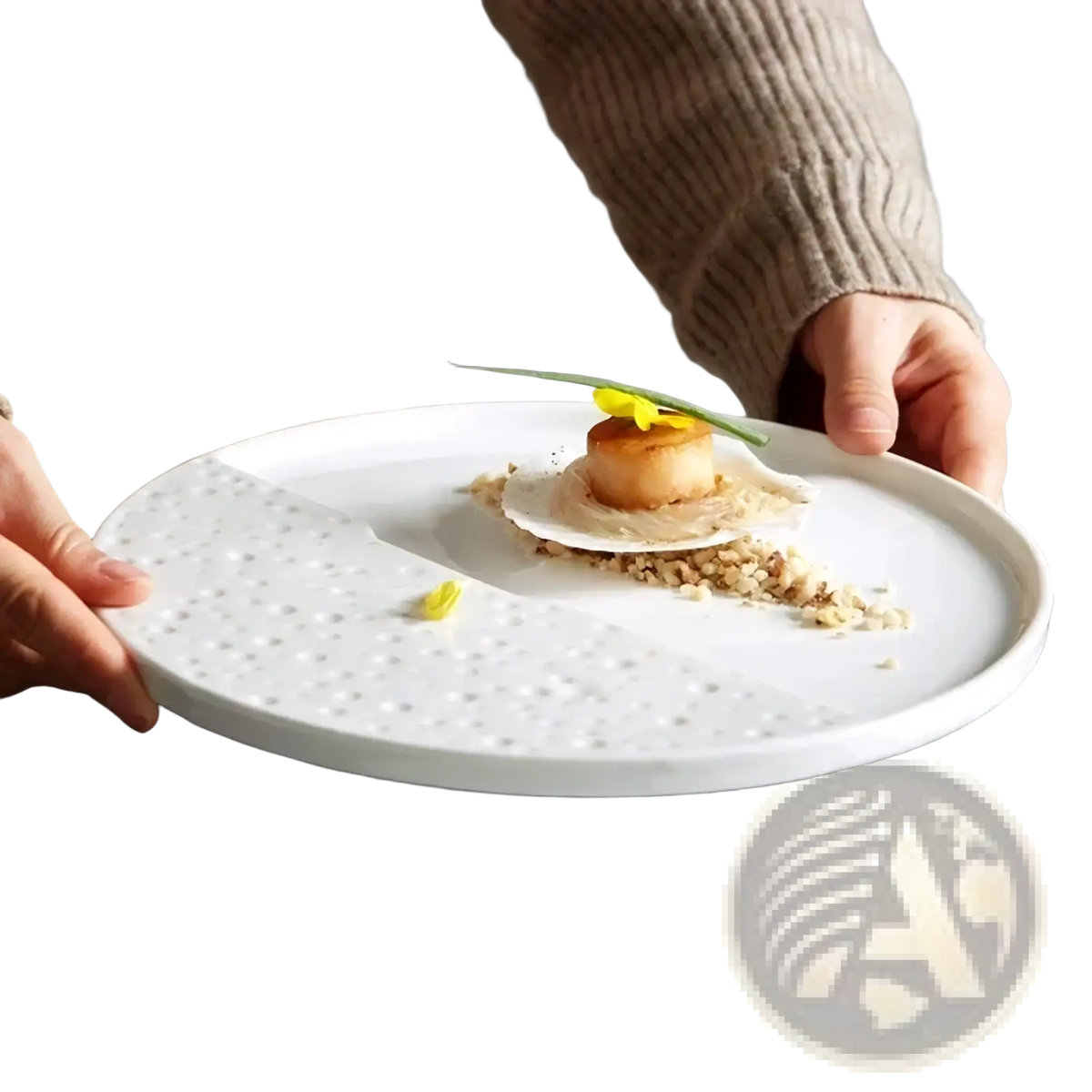 White ceramic decorative plate featuring a textured dotted pattern on one half and a smooth surface on the other