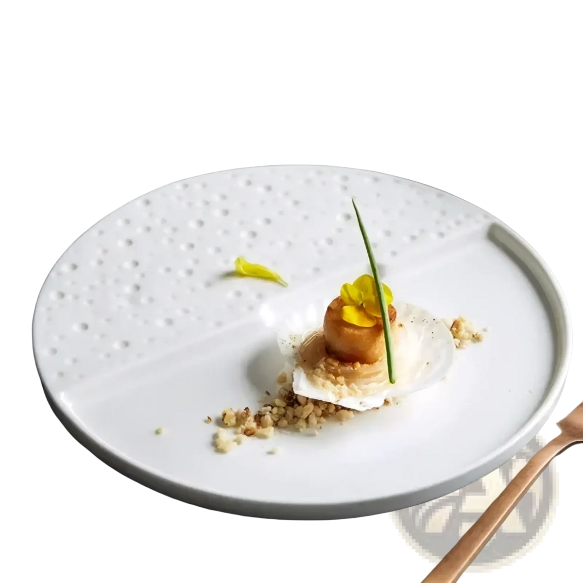 White ceramic decorative plate with textured dotted surface and sleek modern design for dinnerware tray use