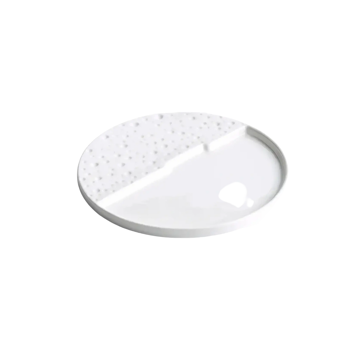White ceramic half-round decorative plate with speckled texture and glossy finish for textured dinnerware tray use