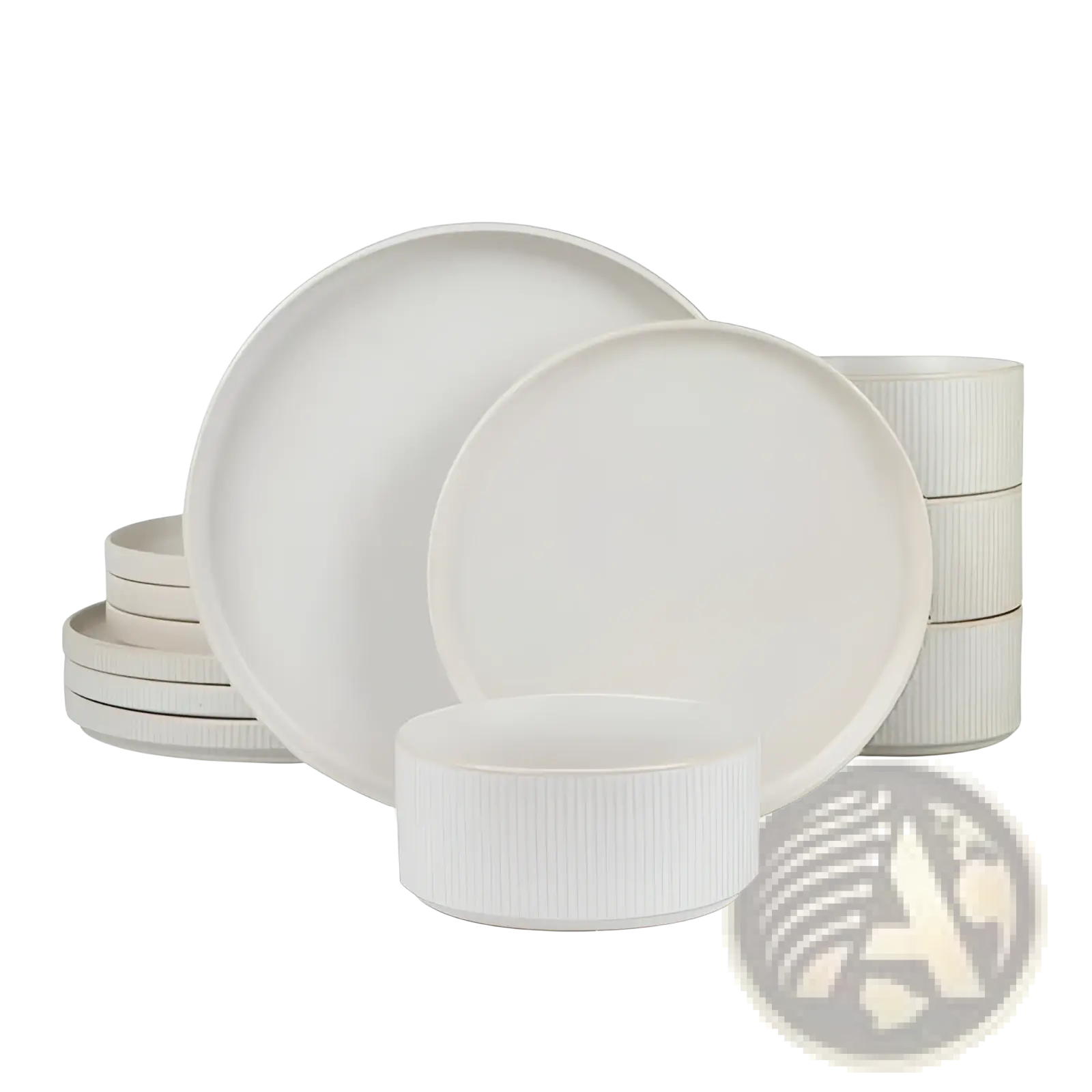 Cream-colored ceramic dinnerware set 16 piece vintage embossed white with subtle vertical ridges on bowls and stacked plates