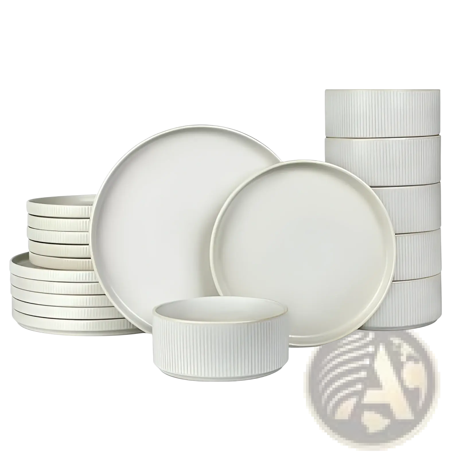 Set of minimalist white ceramic dinnerware with subtle vertical ribbed texture on the rims vintage embossed design